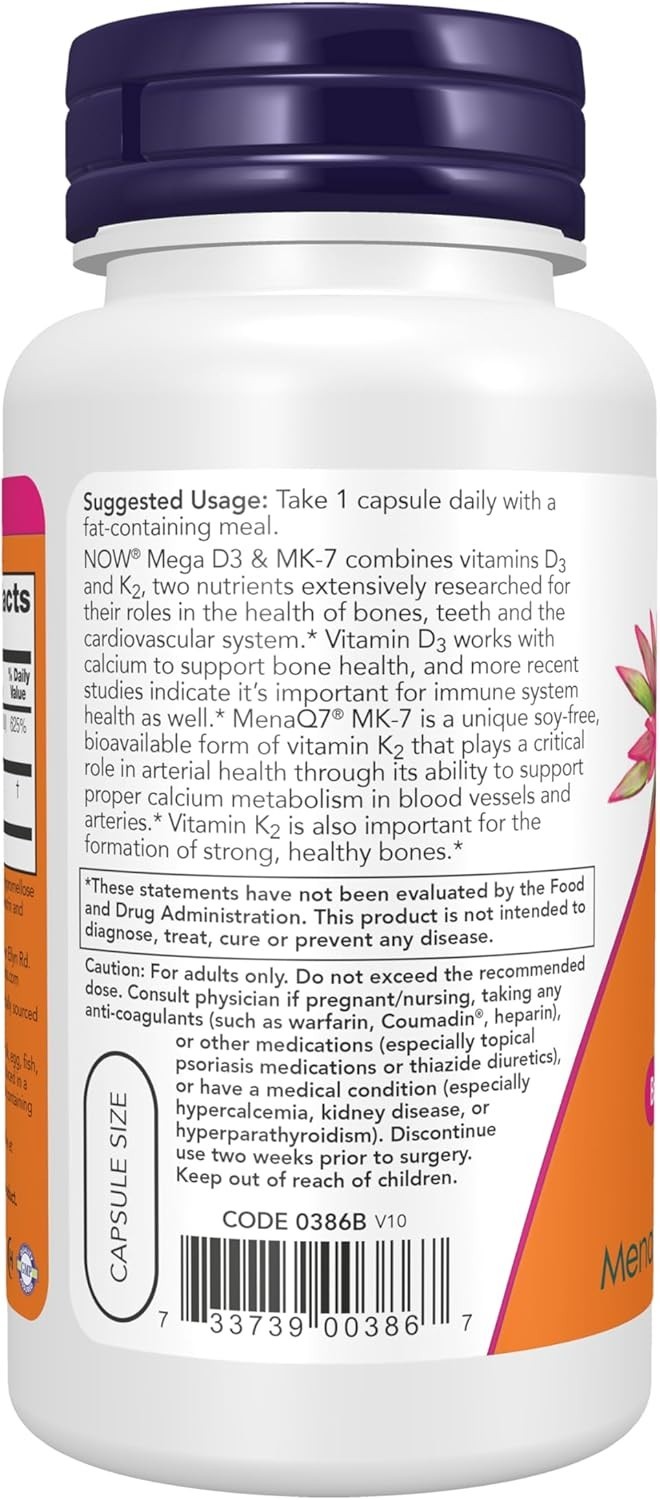 Now Foods Mega D3 & MK-7, 5000 IU/180 mcg. 120 Capsules, Exp 06/2029