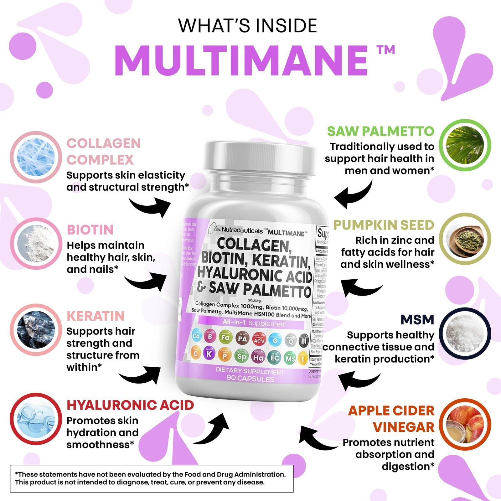 Clean Nutraceuticals Collagen Pills 1000mg Biotin 10000mcg Keratin Vitamins 90Ct
