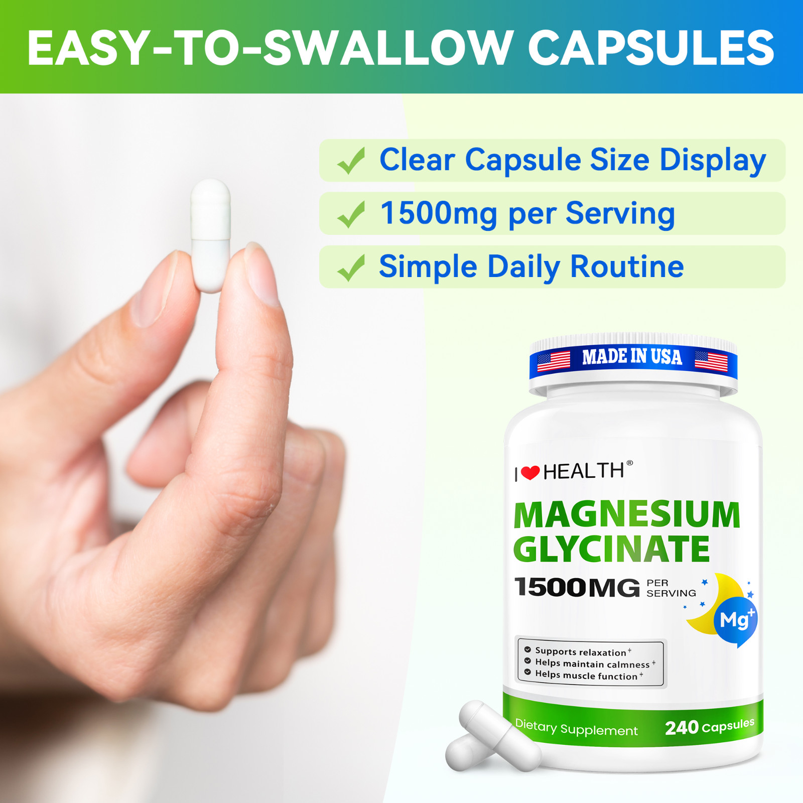 Magnesium Glycinate 1500 mg – Gluten-Free – 240 Capsules