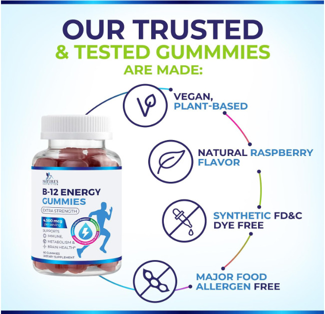 Vitamin B12 Energy Gummies – Extra Strength 4500mcg Chewable for Energy, Metabol