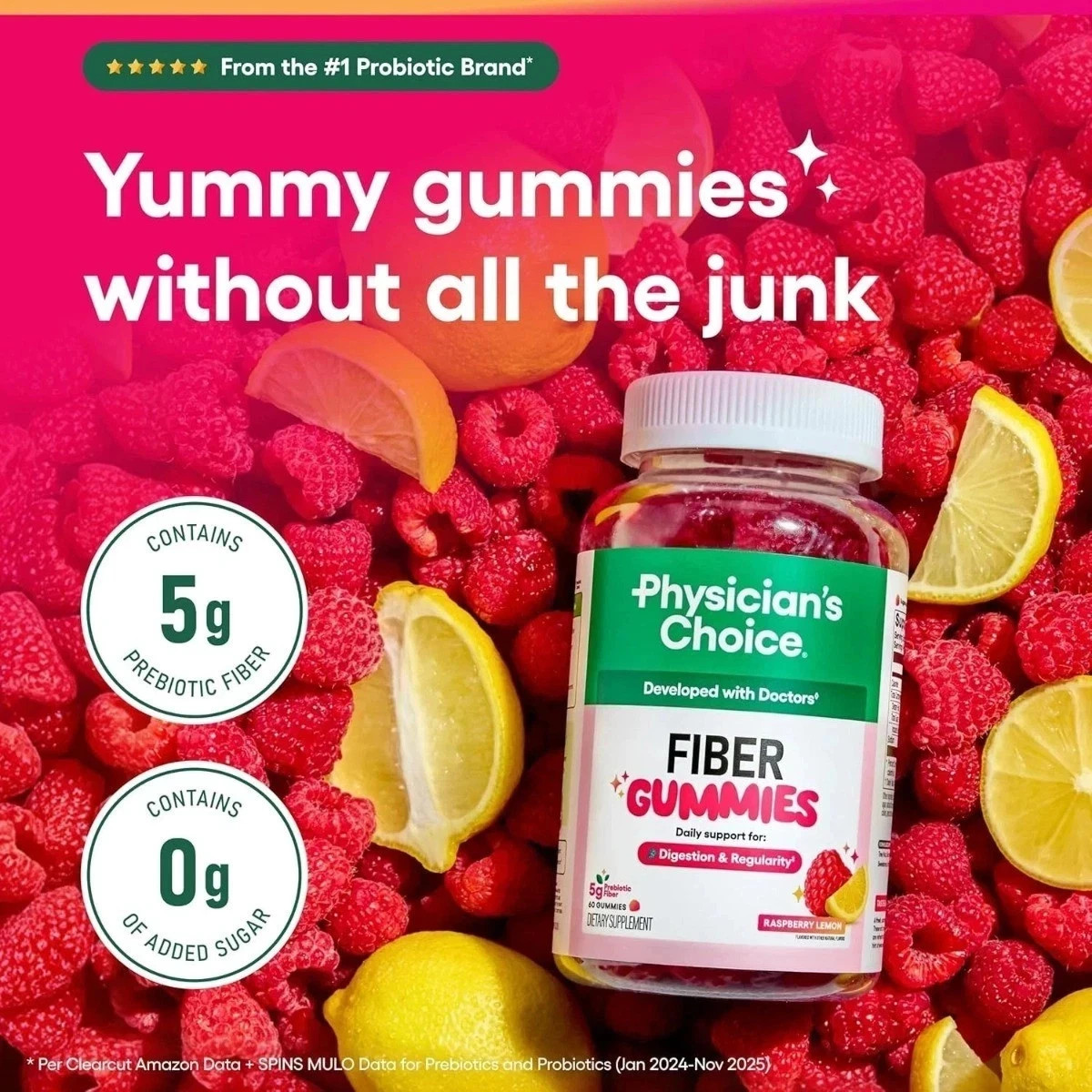 Physician’S Choice Fiber Gummies for Digestive Health & Regularity – Raspberry L