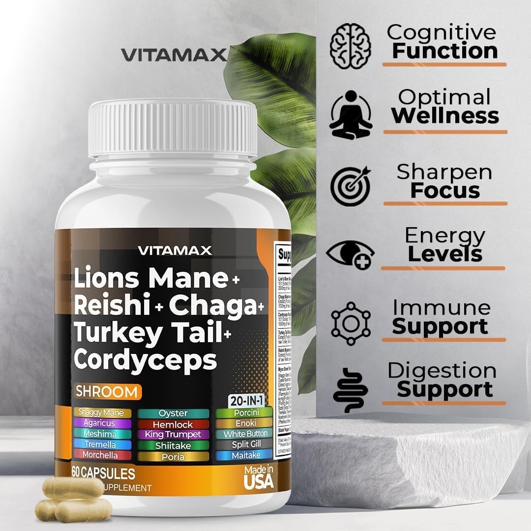 Lions Mane Mushroom 3000mg Turkey Tail 2000mg – 60 Ct. (Pack of 1)