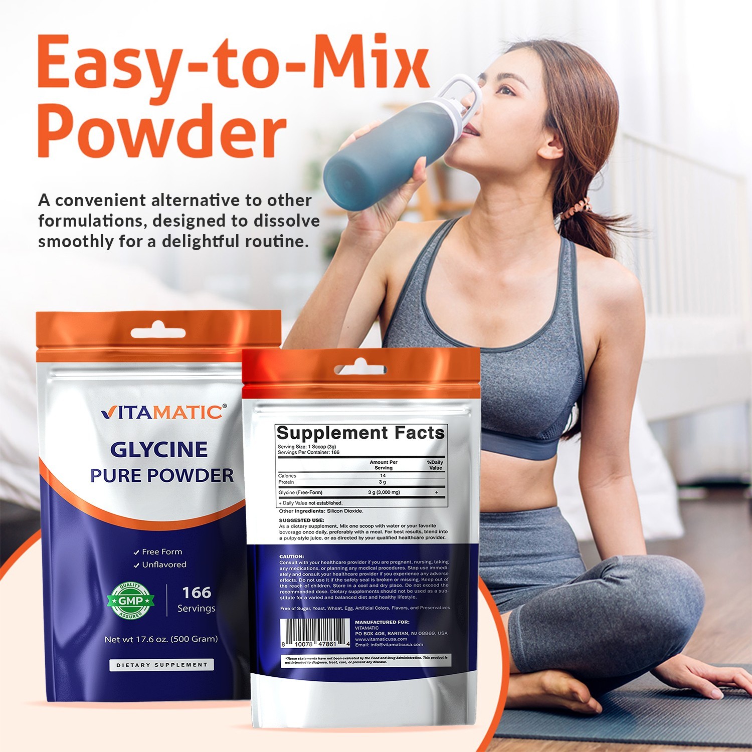 Vitamatic Glycine Powder – 3,000 mg Per Serving – 17.6 Oz (500 g)
