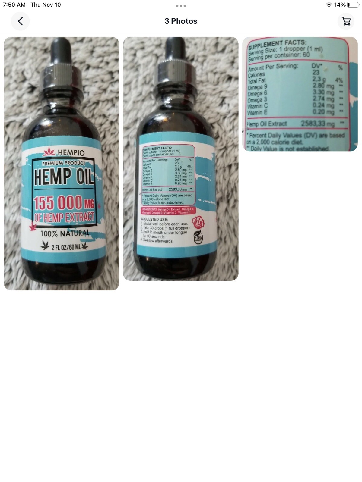 Hempio Hemp Oil 155000mg 100% Natural 2 fluid oz.