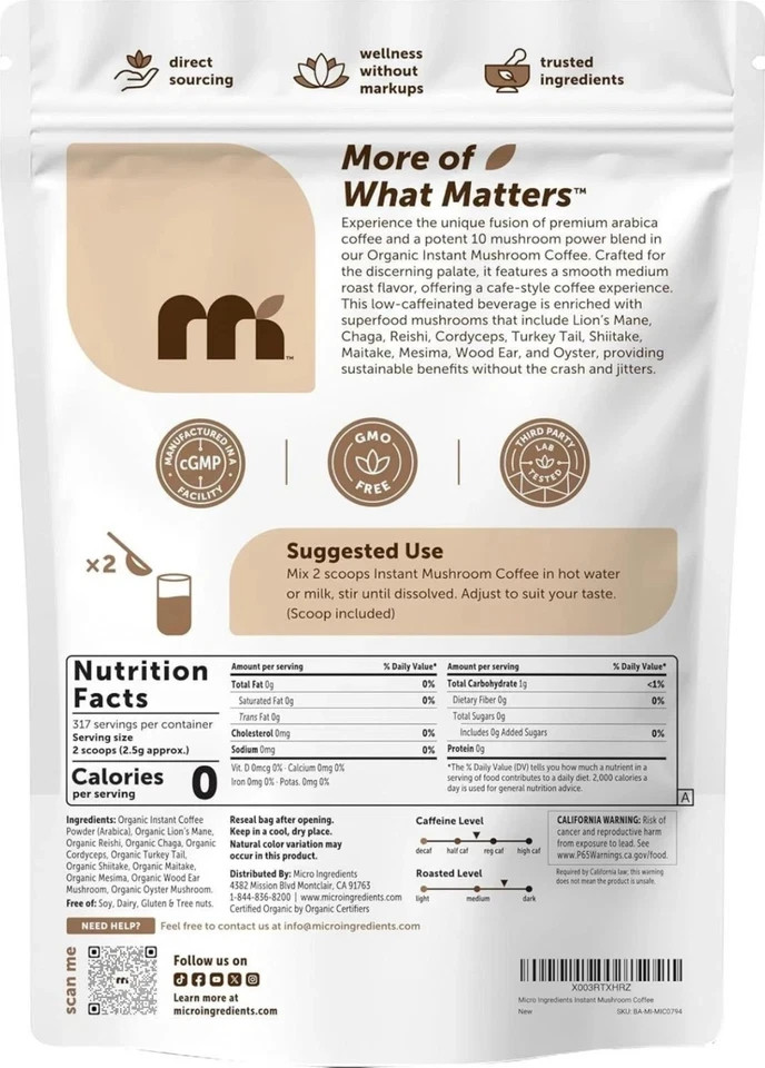 Organic Mushroom Coffee Instant Arabica 10 Mushrooms 28oz New packaging