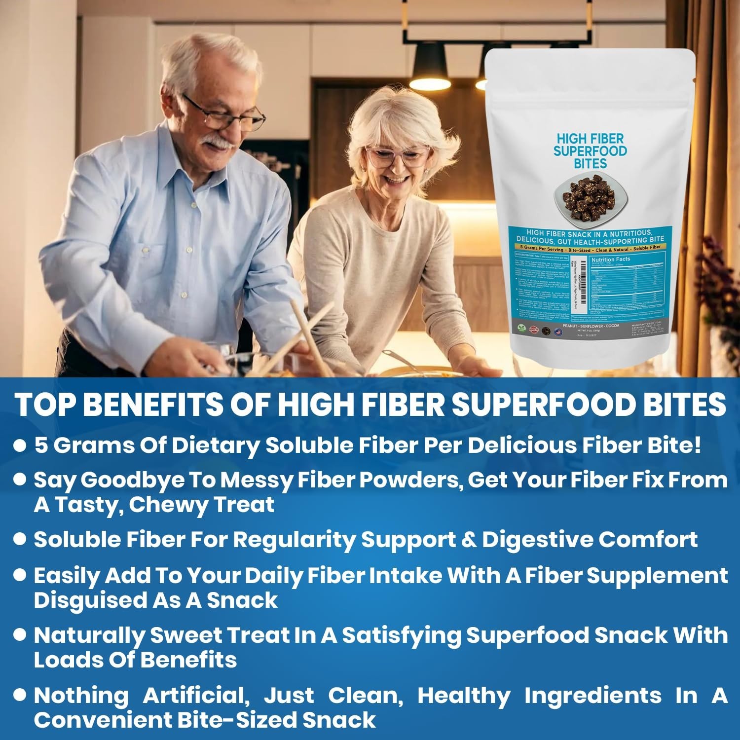 High Fiber Superfood Bites 5g, Clean Fiber Snacks for Adults, Peanut, Cocoa, Dat