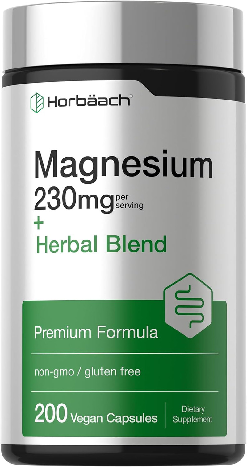 Horbäach Magnesium 230 Mg + Herbal Blend, 200 Vegan Capsules, Non-Gmo Supplement