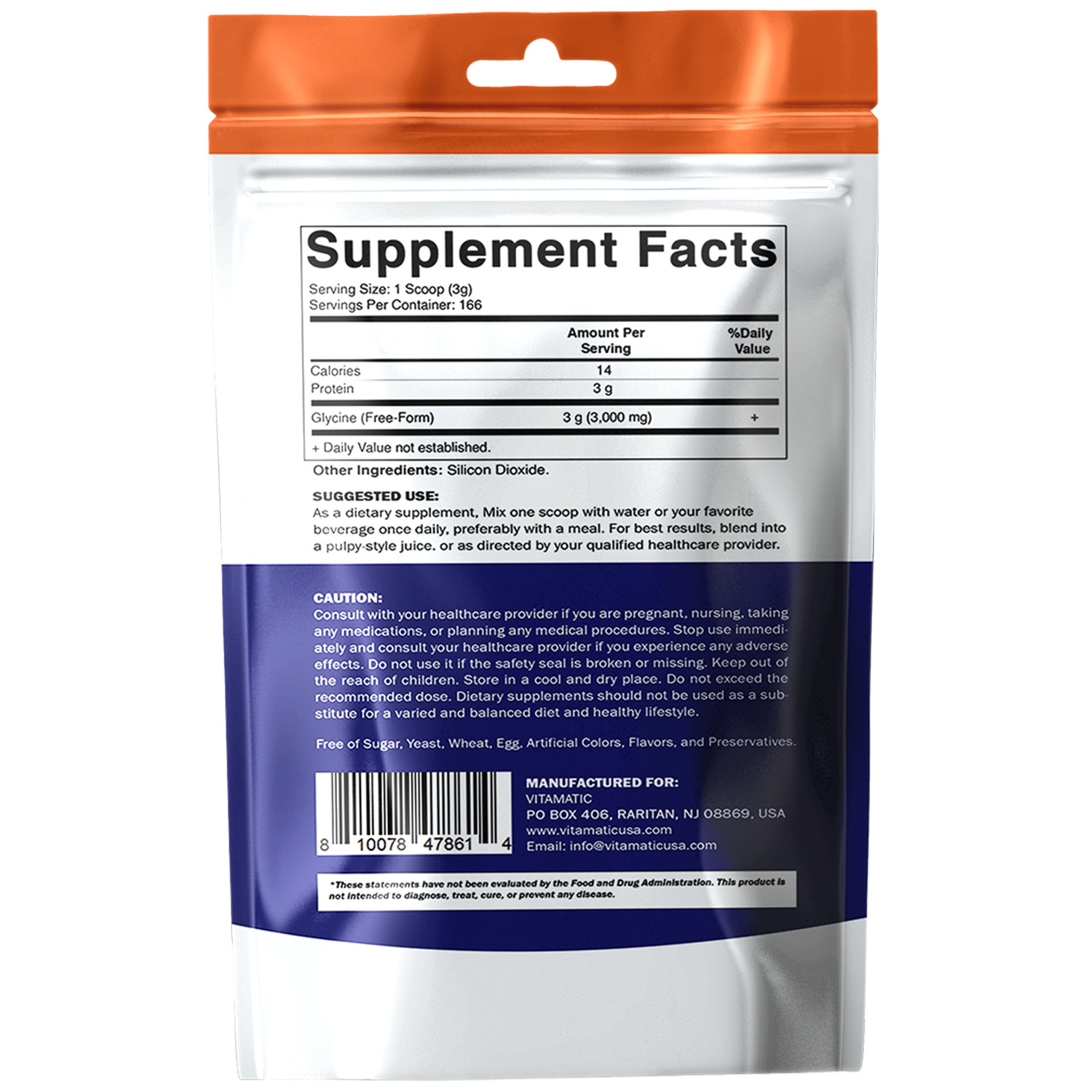Vitamatic Glycine Powder – 3,000 mg Per Serving – 17.6 Oz (500 g)