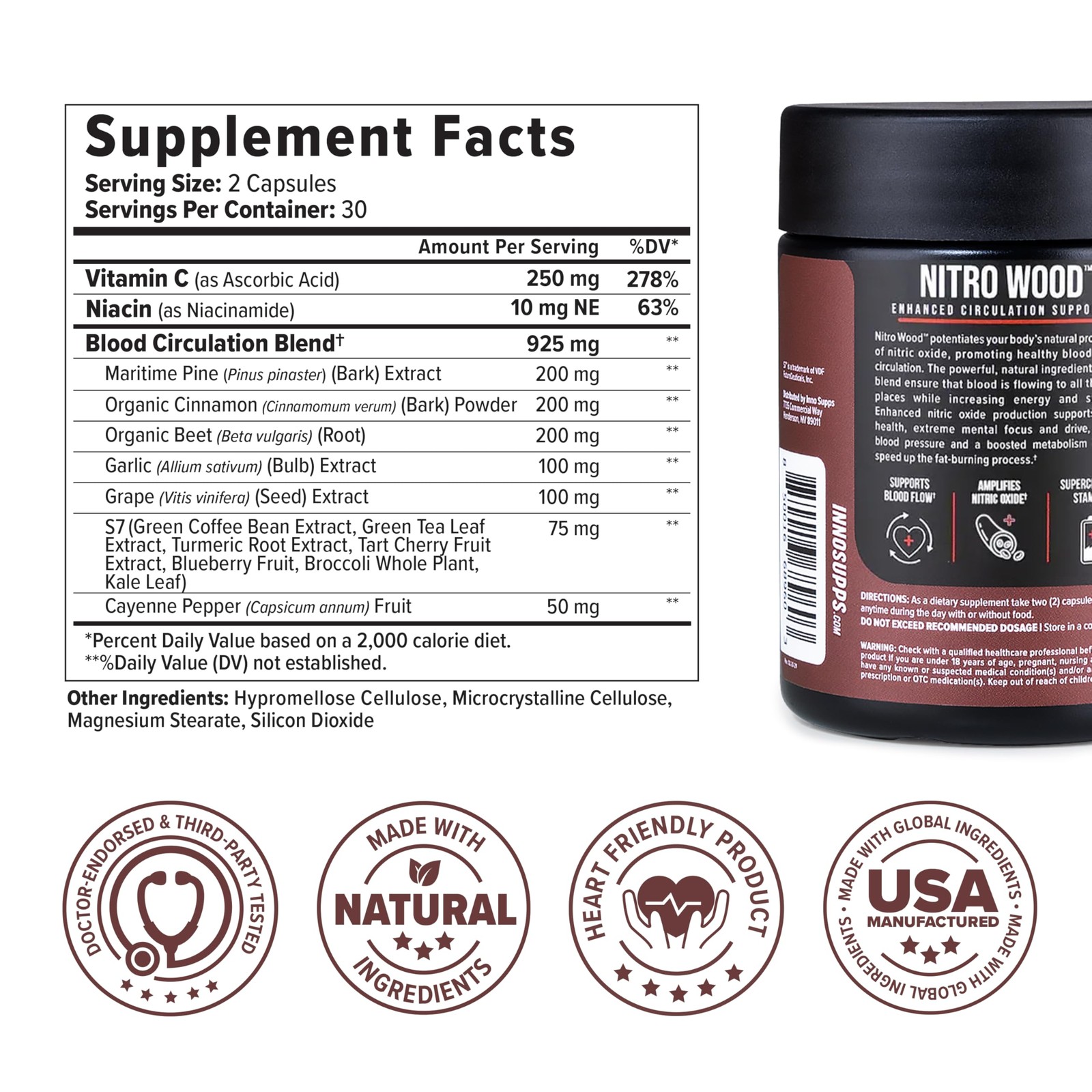 Nitro Wood Nitric Oxide Booster for Men Blood Flow Support 30 Servings Supports