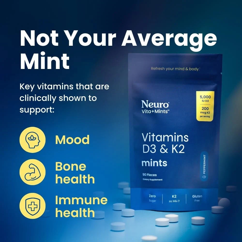 Neuro Vitamin D3 & K2 Supplement – Sugar Free Mints, 90ct, Gluten Free