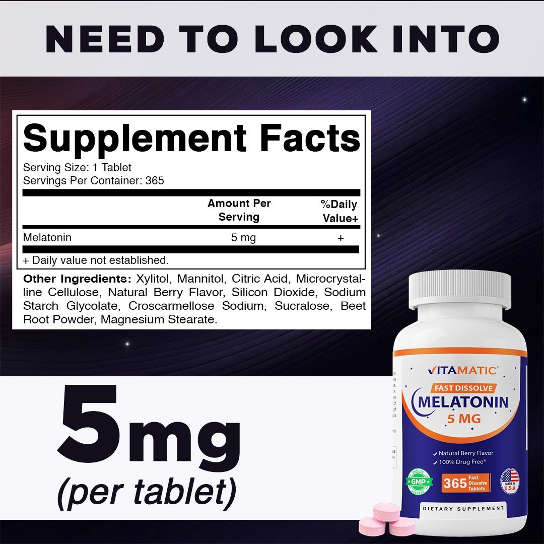 Vitamatic Melatonin 5 mg Tablets | Vegetarian, Non-GMO, Gluten Free – 365 Days