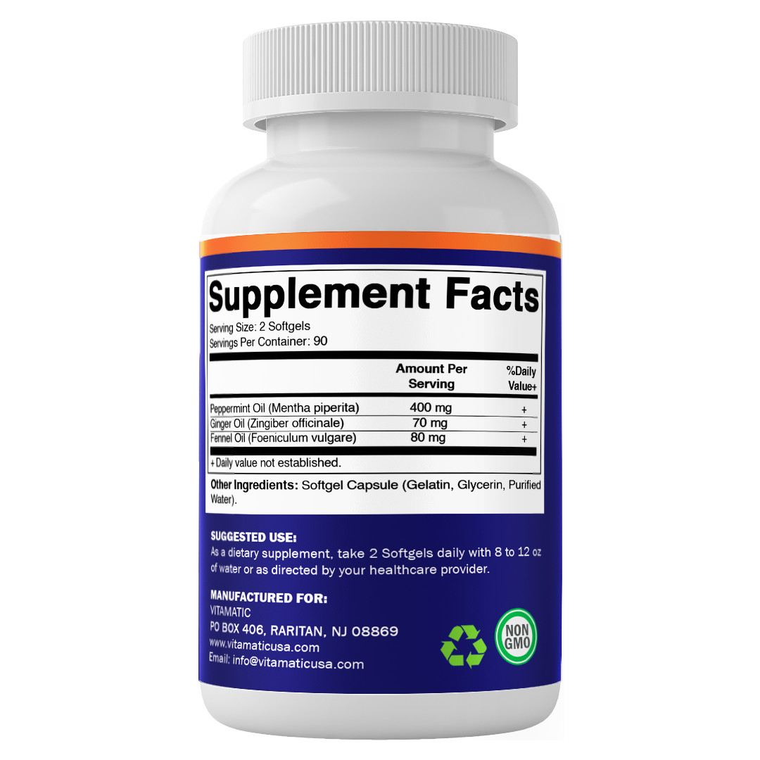 Vitamatic Peppermint Oil Gel with Ginger & Fennel Oils, 550mg per Serving, 180 S