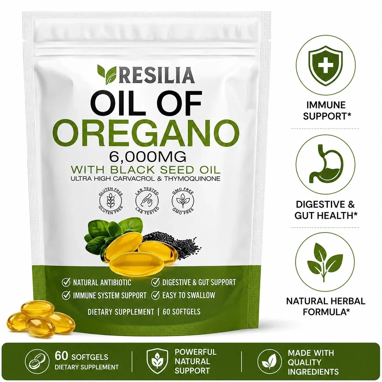Resilia Oil of Oregano 6000mg with Black Seed Oil Capsules 2 Pack