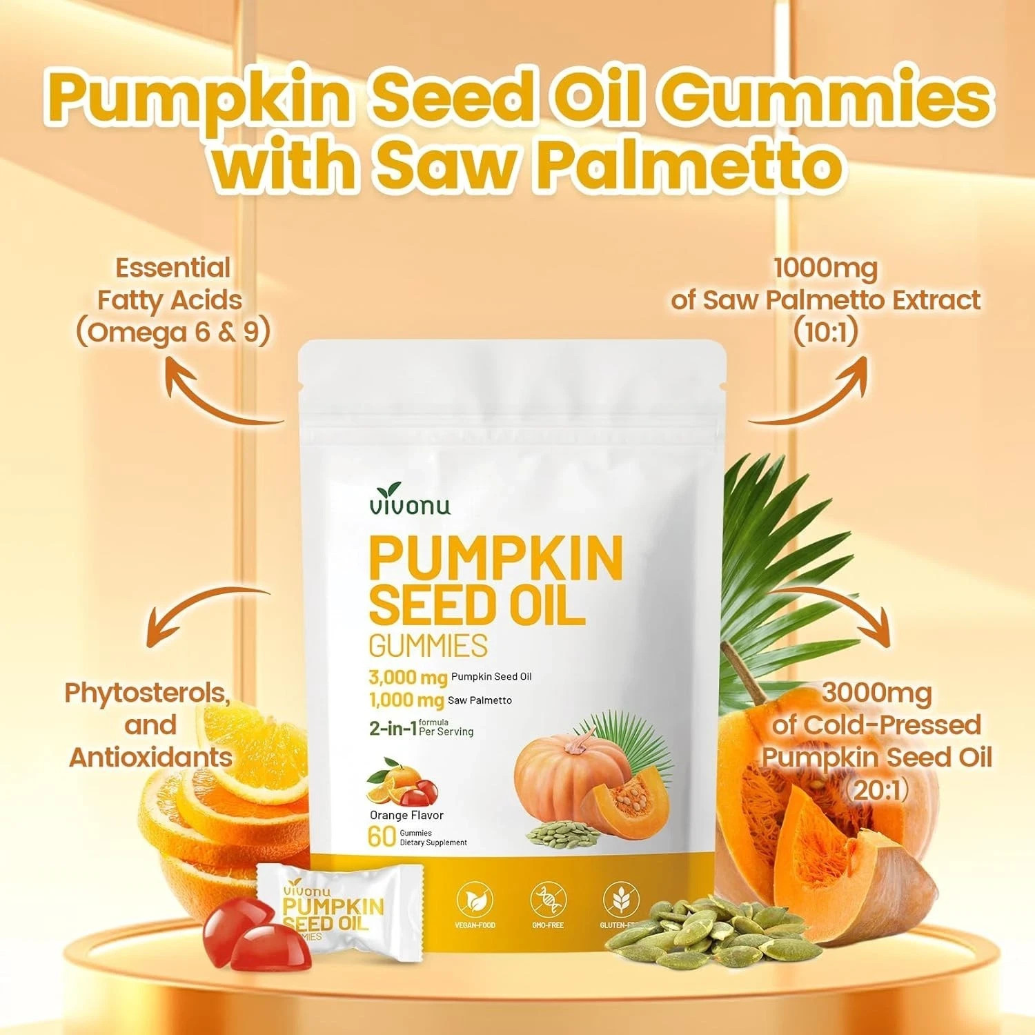 Pumpkin Seed Oil 3000mg with Saw Palmetto 1000mg 60-Gummies.NEW