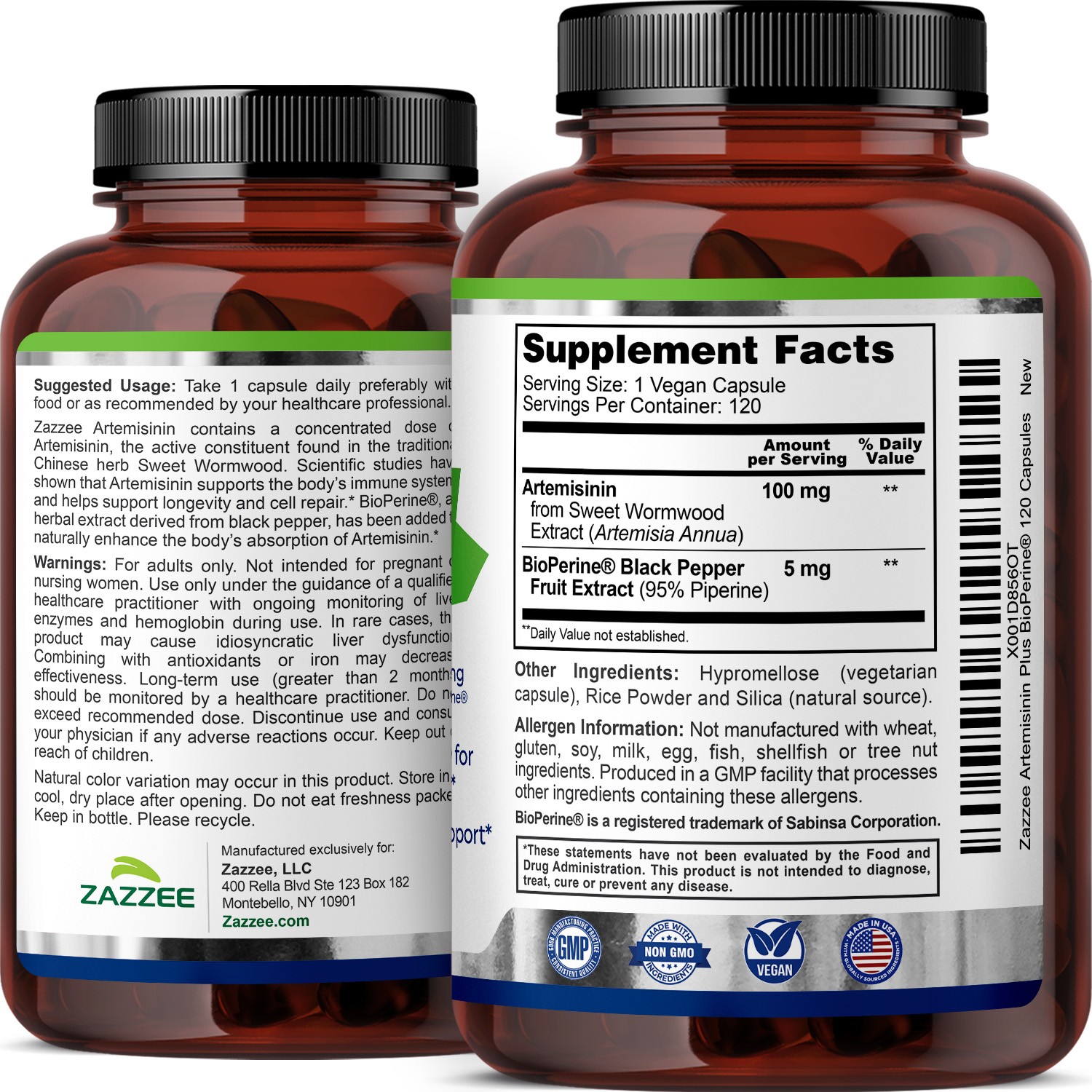 Artemisinin (Sweet Wormwood) 120 Veggie Capsules 100 mg Plus BioPerine 100% Pure