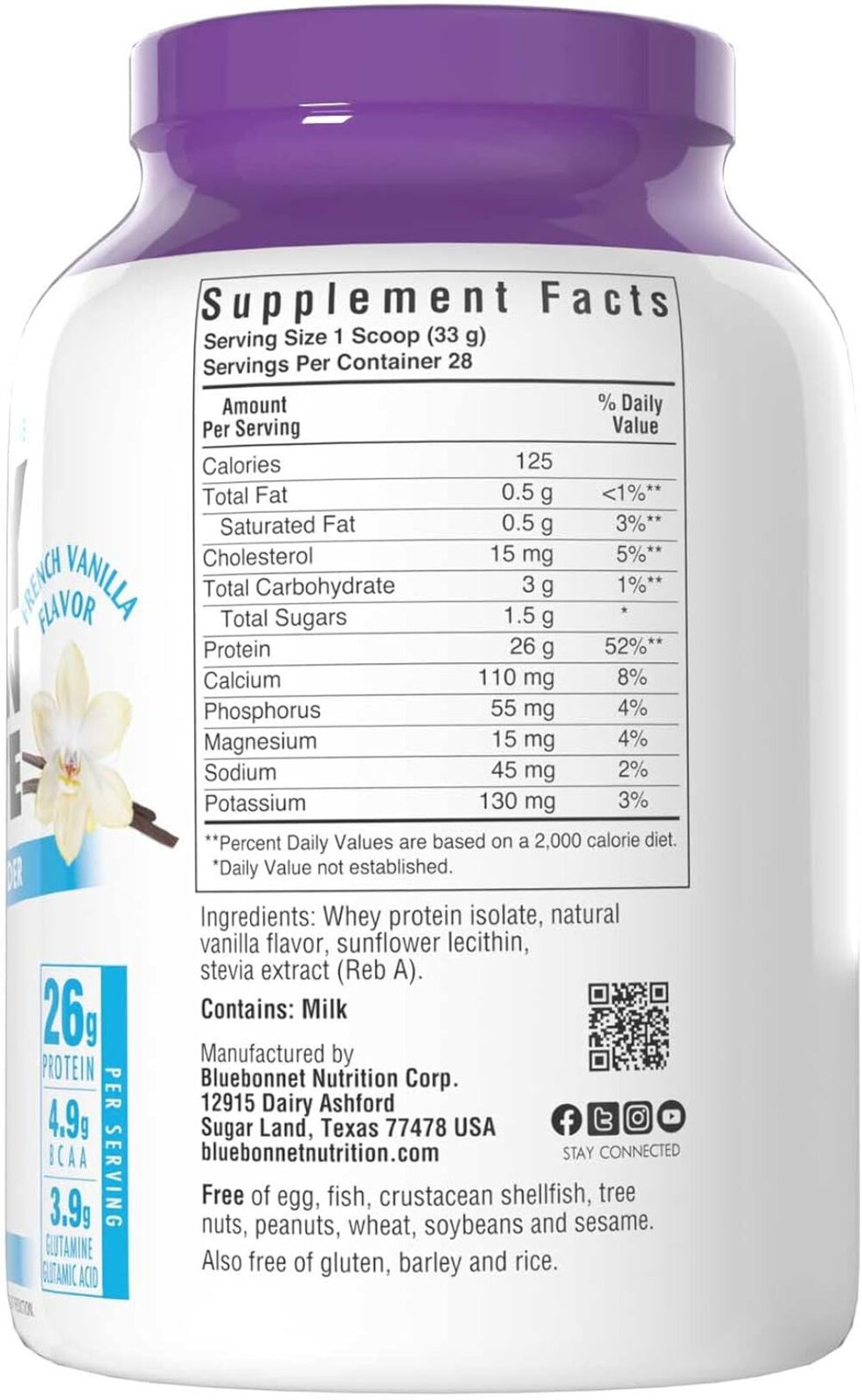 Bluebonnet Nutrition – WHEY PROTEIN ISOLATE POWDER FRENCH VANILLA 2 lb EXP 6/27