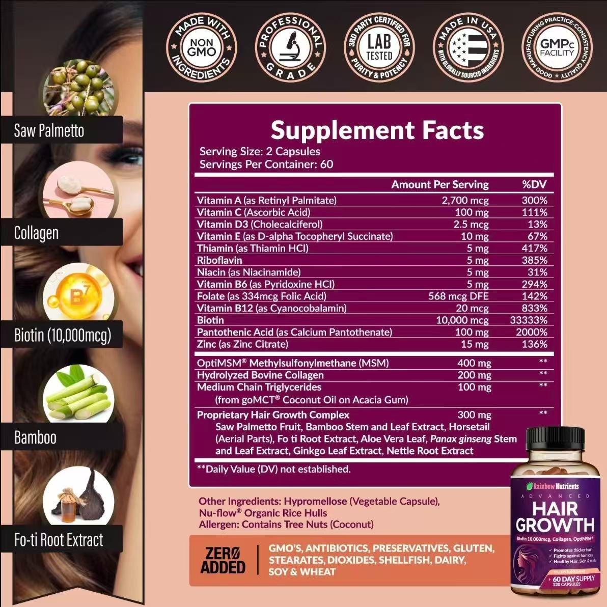 NEW Rainbow Nutrients Premium Hair Growth Vitamins – Biotin 10,000mcg, Collagen
