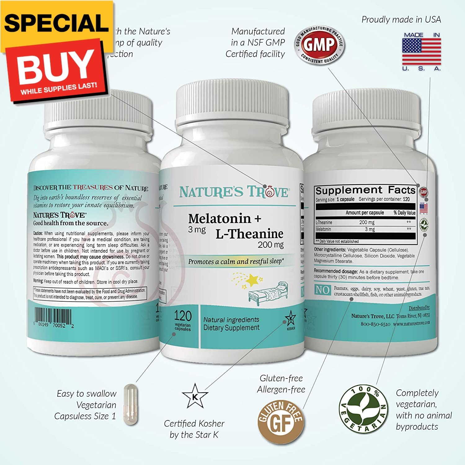 Melatonin 3Mg + L Theanine 200Mg – Calm and Relaxation – 120 Kosher Vegetarian C