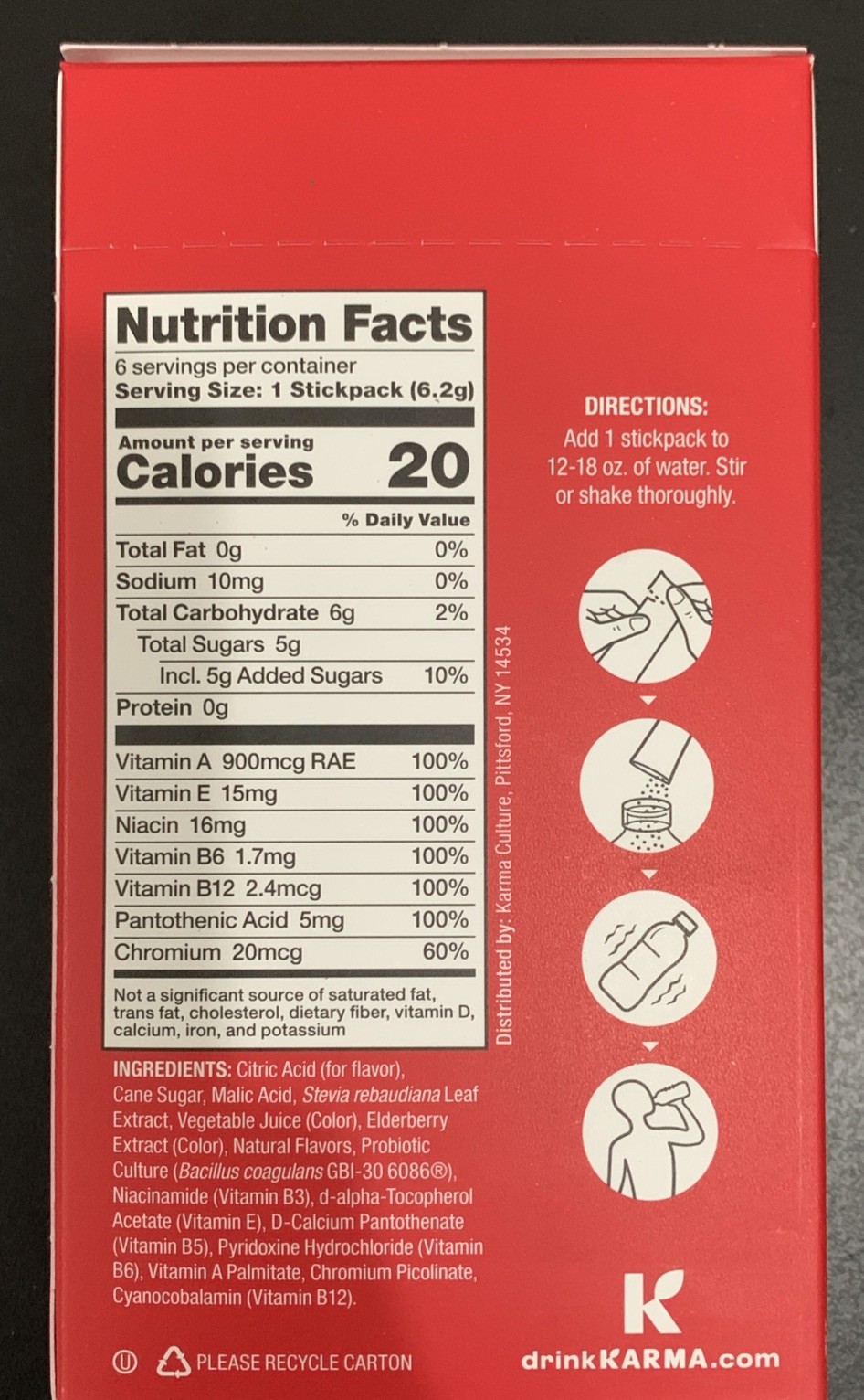 6 Sticks Karma Probiotic Powder Drink Mix Immune Support Berry Cherry