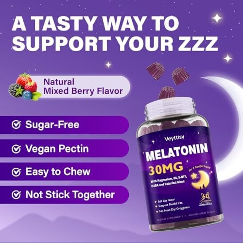 30mg Melatonin Gummies Magnesium GABA Vegan Mixed Berry 60 Count