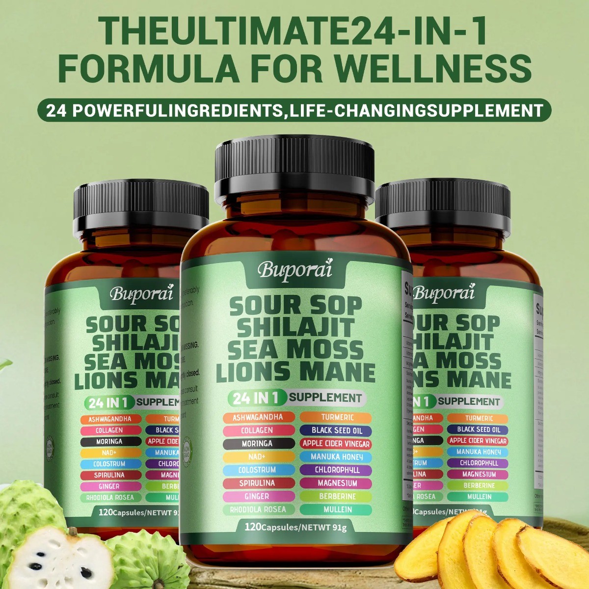 Buporai 24-in-1 Soursop | Sea Moss Lion Mane Support Skin Joint & Immune Health