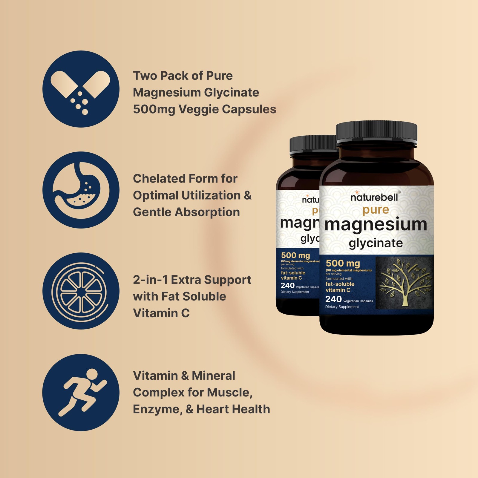 NatureBell Pure Magnesium Glycinate 500mg Per Serving, 240 Count (Pack of 2)
