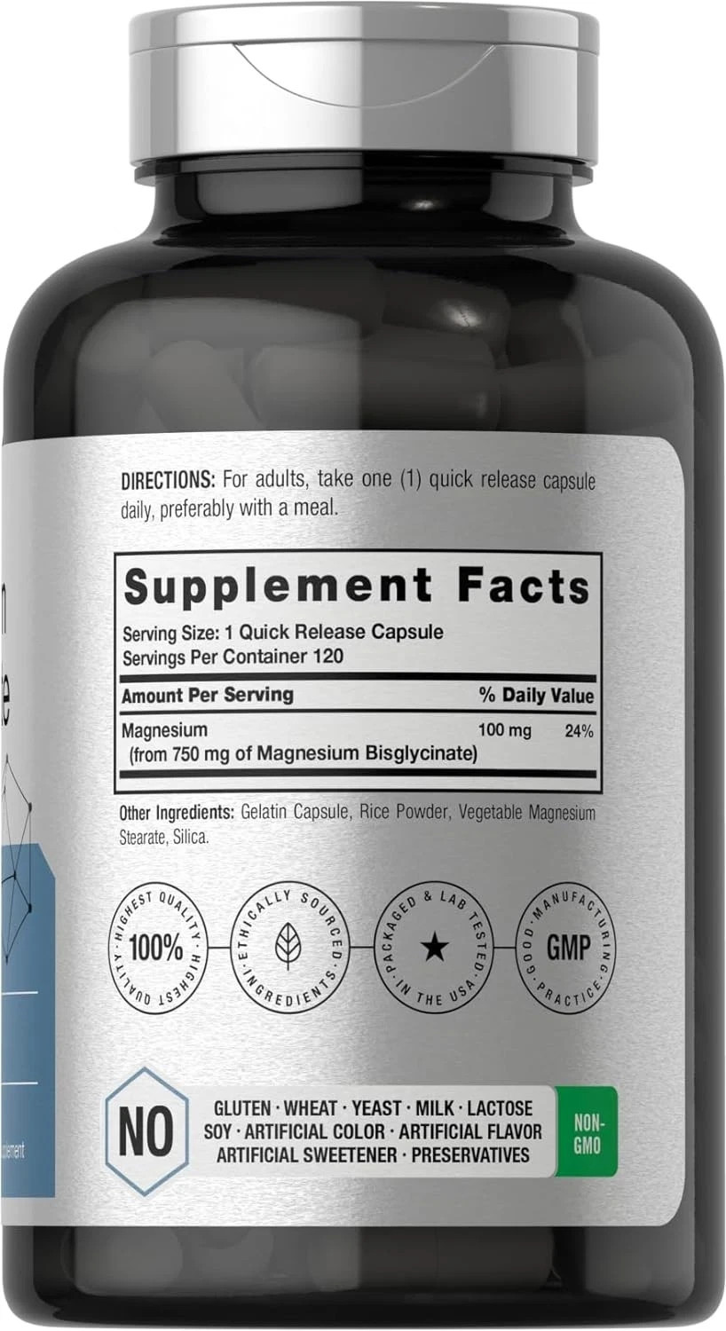 Horbaach Magnesium Bisglycinate, 120 Capsules, 750Mg, Non-Gmo Supplement