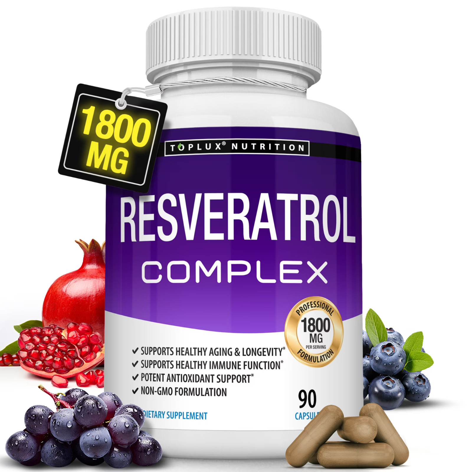 Toplux Resveratrol Supplement 1800mg Antioxidant Support 90 Capsules