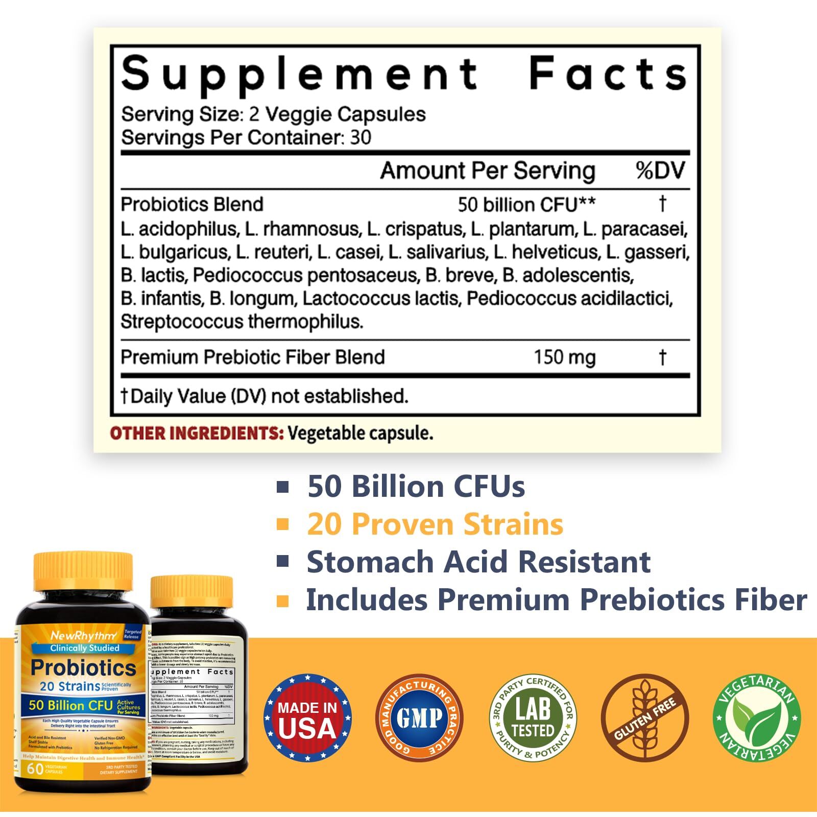 NewRhythm Probiotics 50 Billion CFU 20 Strains 120 Veggie Capsules Targeted R…