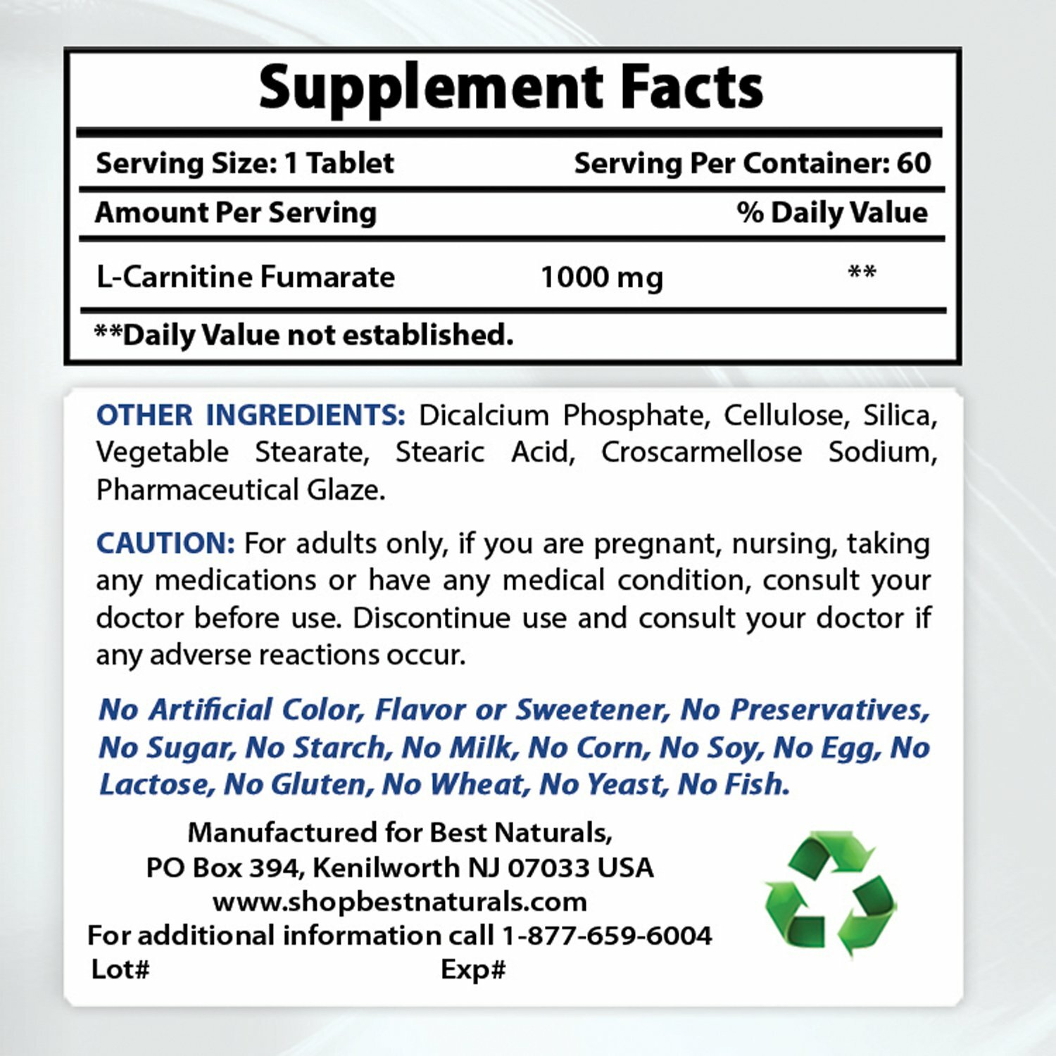 2 Pack Best Naturals L-Carnitine 1000mg 60 Tablets *Boosts Energy*