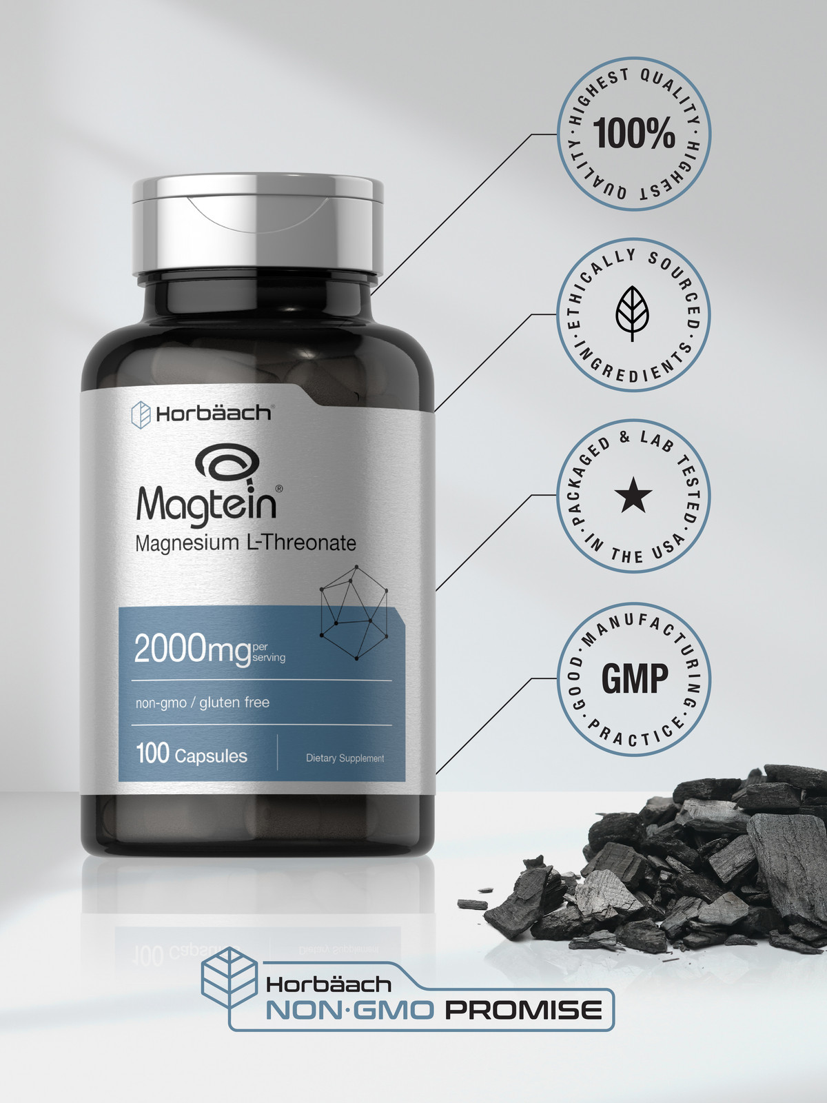 Magnesium L-Threonate | 2000mg | 100 Capsules | Magtein | Non-GMO | by Horbaach