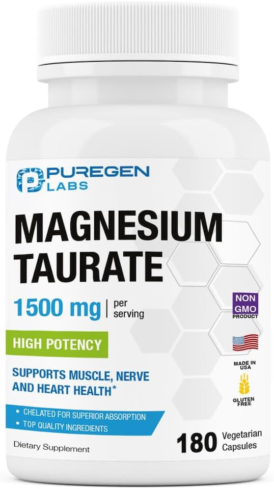 Puregen Labs Magnesium Taurate 1500mg per Serving High Potency 180 Veggie Caps