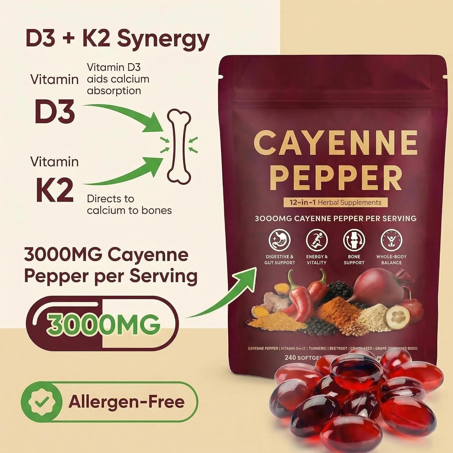 Share Cayenne 3000mg Vitamin K2 & D3, Turmeric, Beetroot & Hawthorn 240Caps