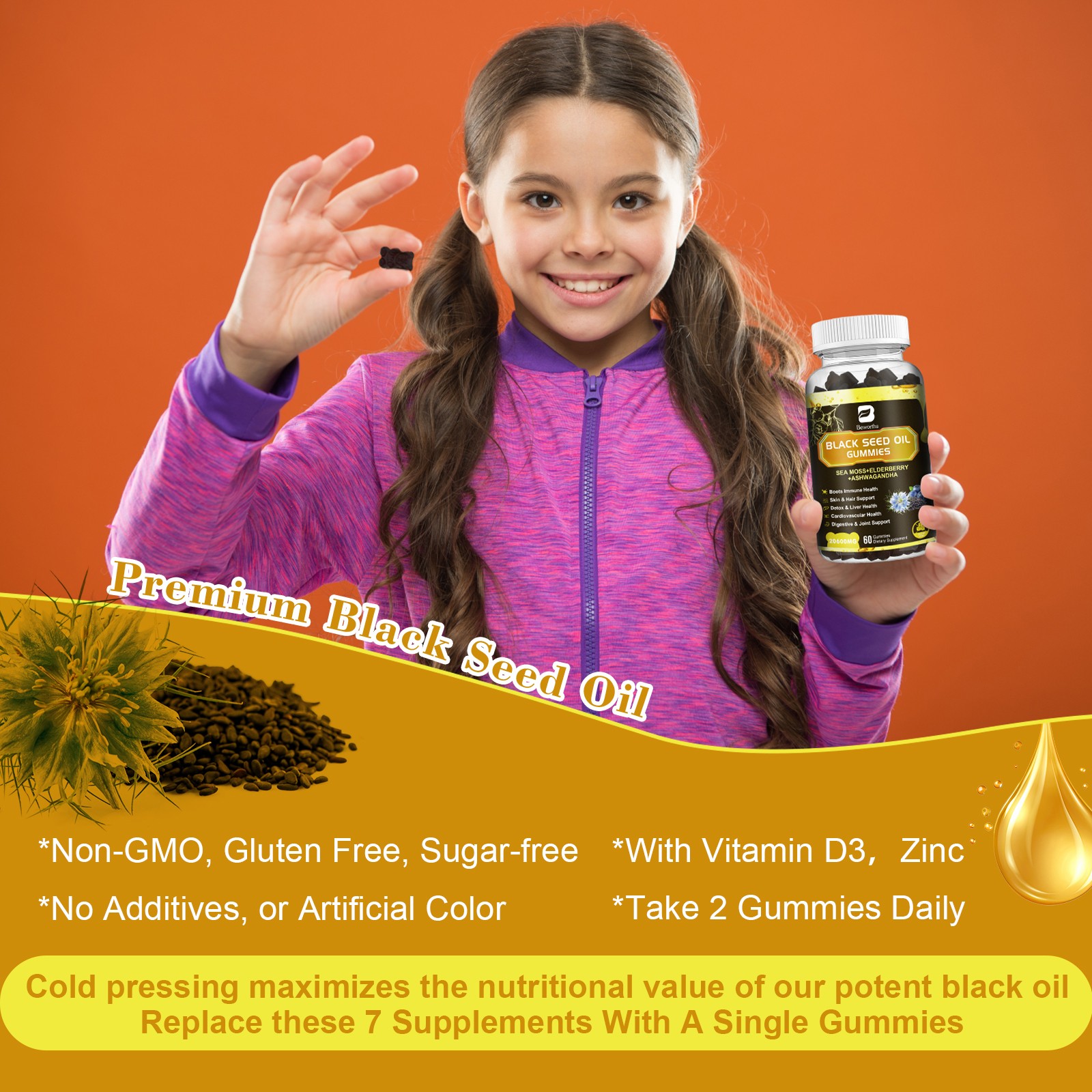 12-IN-1 Black Seed Oil Gummies Support Immunity, Joints, Digestion, Hair Growth