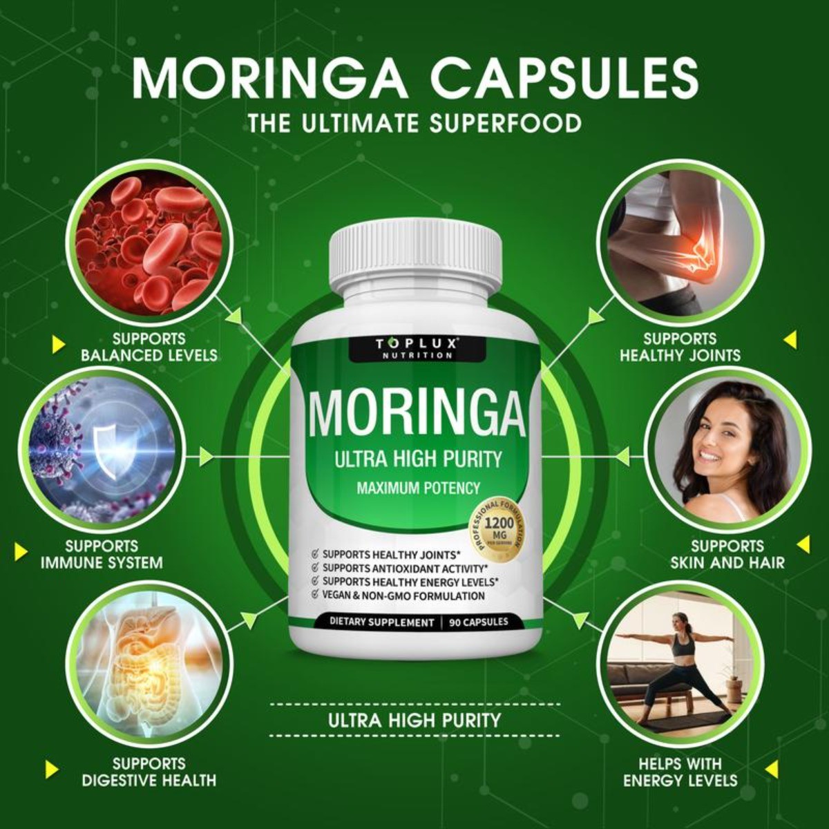 Toplux Nutrition Moringa Superfood Supplement 1200mg All-in-One Wellness 90ct