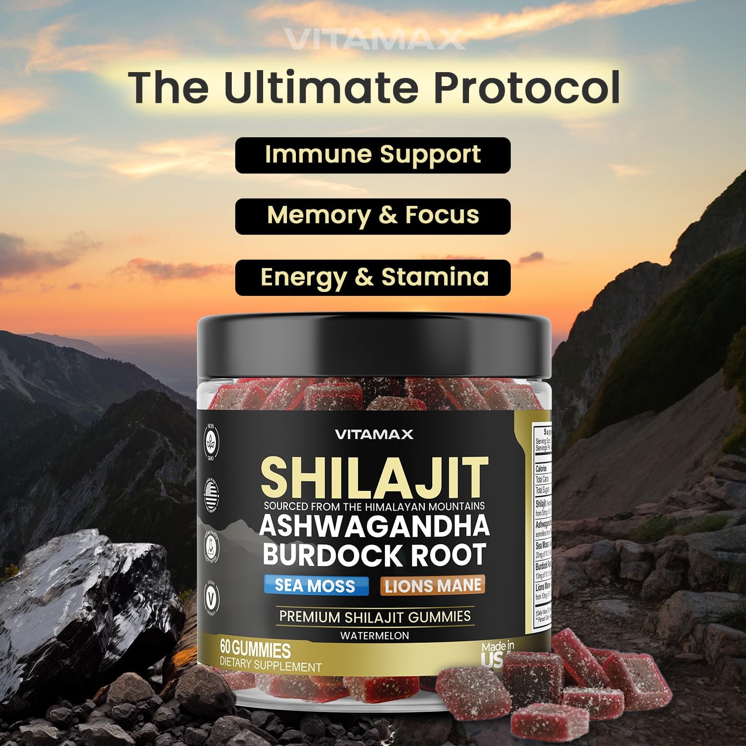 Pure Shilajit Gummies, Sea Moss, Ashwagandha, 105+ Trace 60 Count (Pack of 1)