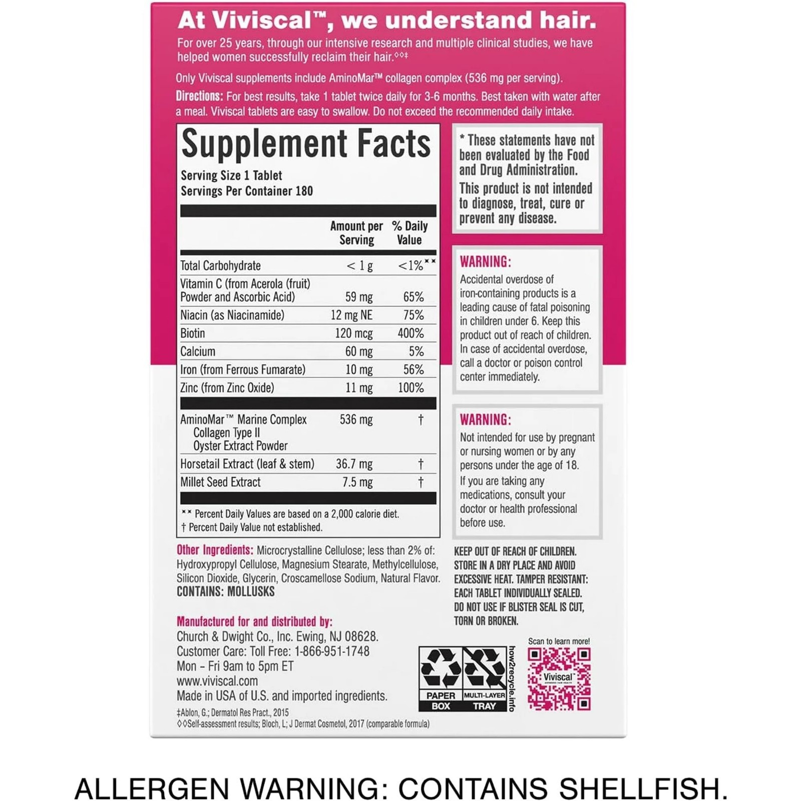 VIVISCAL Hair Growth Supplement for Women 180 Tablets – 3 Month Supply