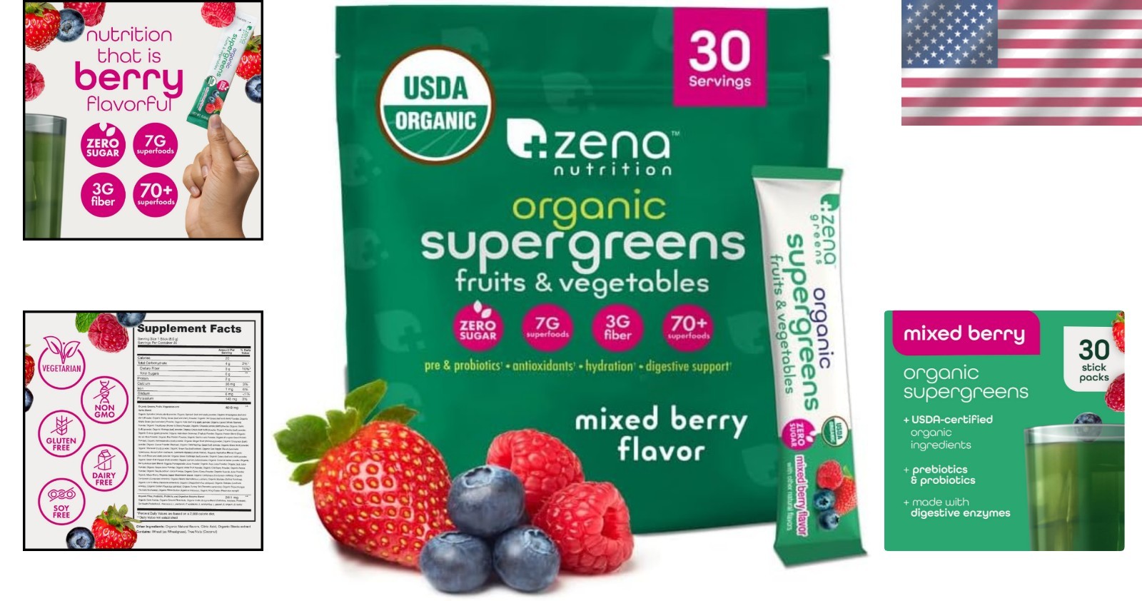 Organic Super Greens Powder – 70+ Superfoods, 0 Sugar, 3g Fiber, Mixed Berry
