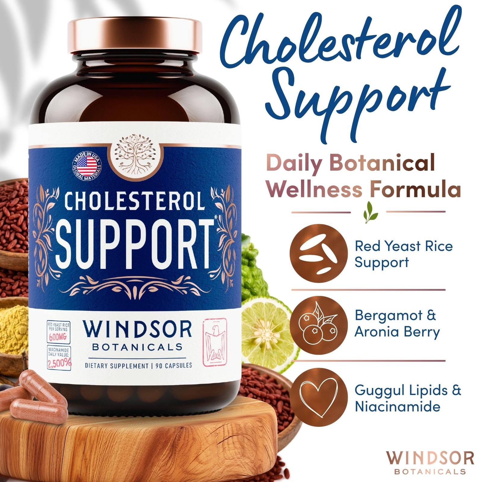 WINDSOR BOTANICALS Cholesterol Supplements – Citrus Bergamot, Niacin, Red Yeast