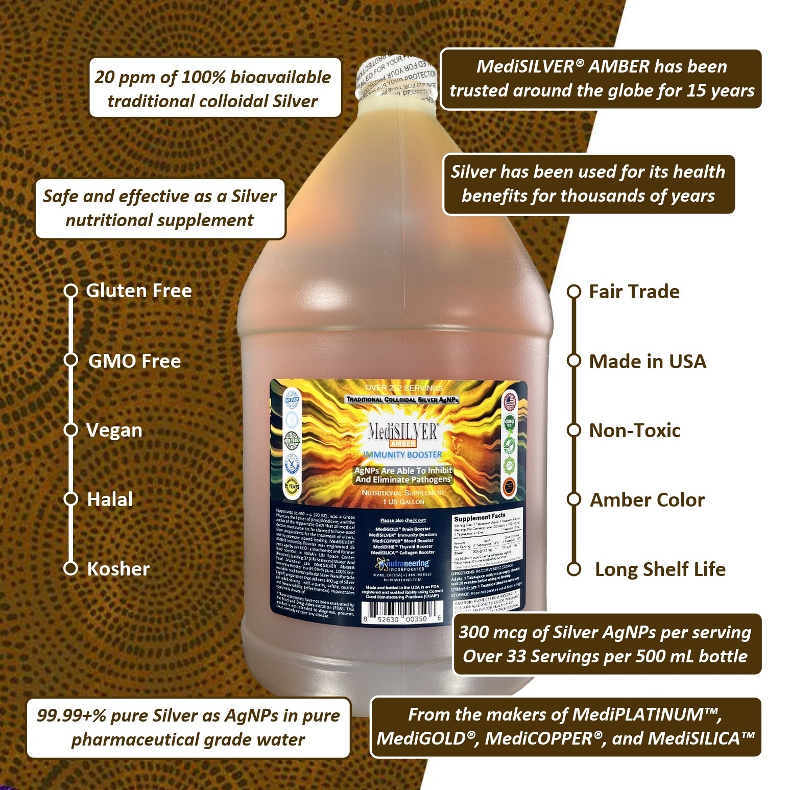 MediSILVER® AMBER Immunity Booster Traditional Colloidal Silver AgNP: 1 Gallon