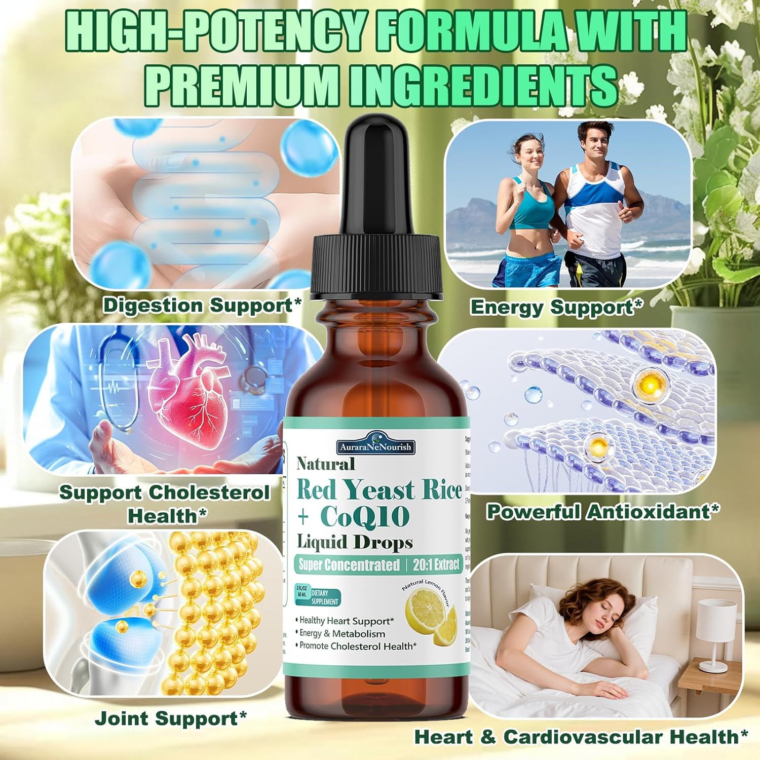 Liposomal Red Yeast Rice with Coq10 Liquid Drops, 5-in-1 Extra Strength 1200mg C