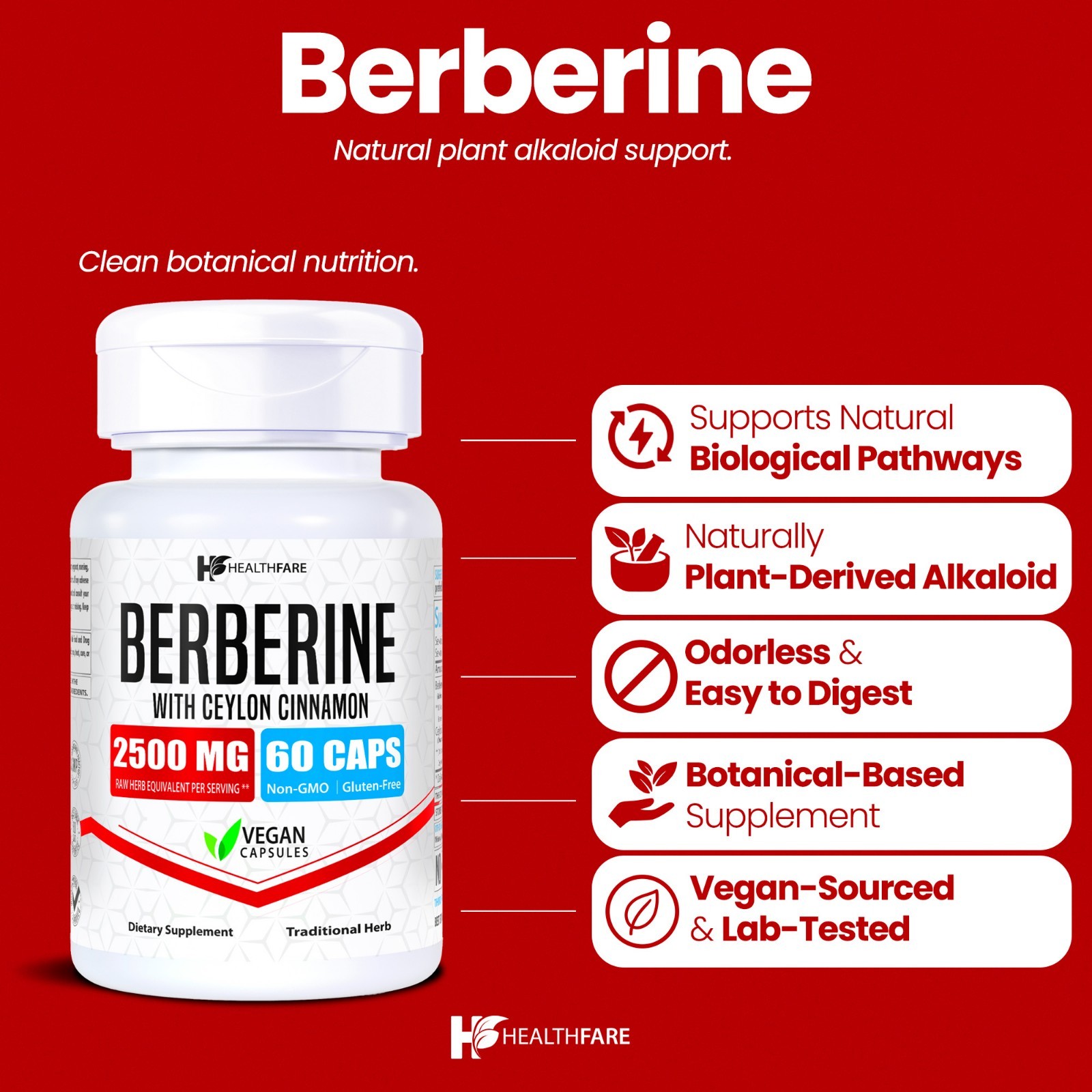 Healthfare Berberine with Ceylon Cinnamon 2500mg – 60 Capsules – Heart Health &