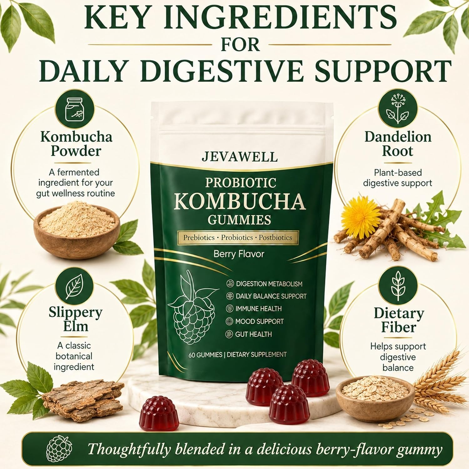 Jevawell Kombucha Gummies | Probiotic Kombucha Gummies Supplement for Women | wi
