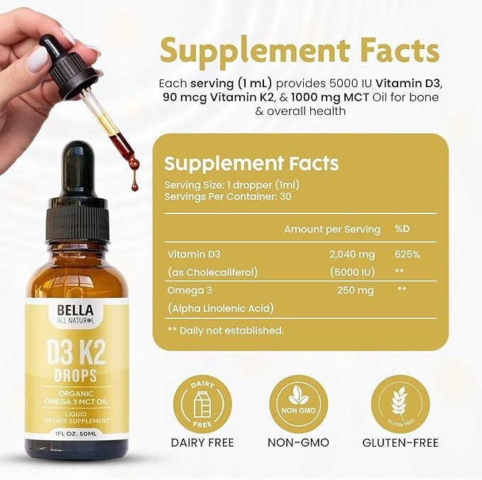 Bella All Natural D3 K2 Drops 3 Pack Organic Omega 3 MCT Premium Essential Oil