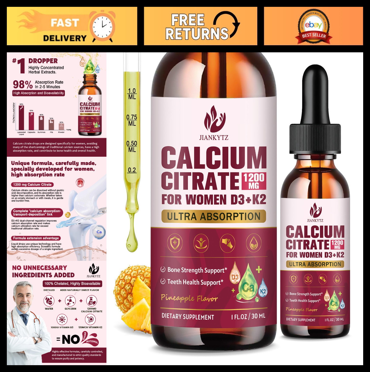 Calcium Citrate & Vitamin D3 Liquid Drops – 2 Pack, Immune & Bone Support, Vegan