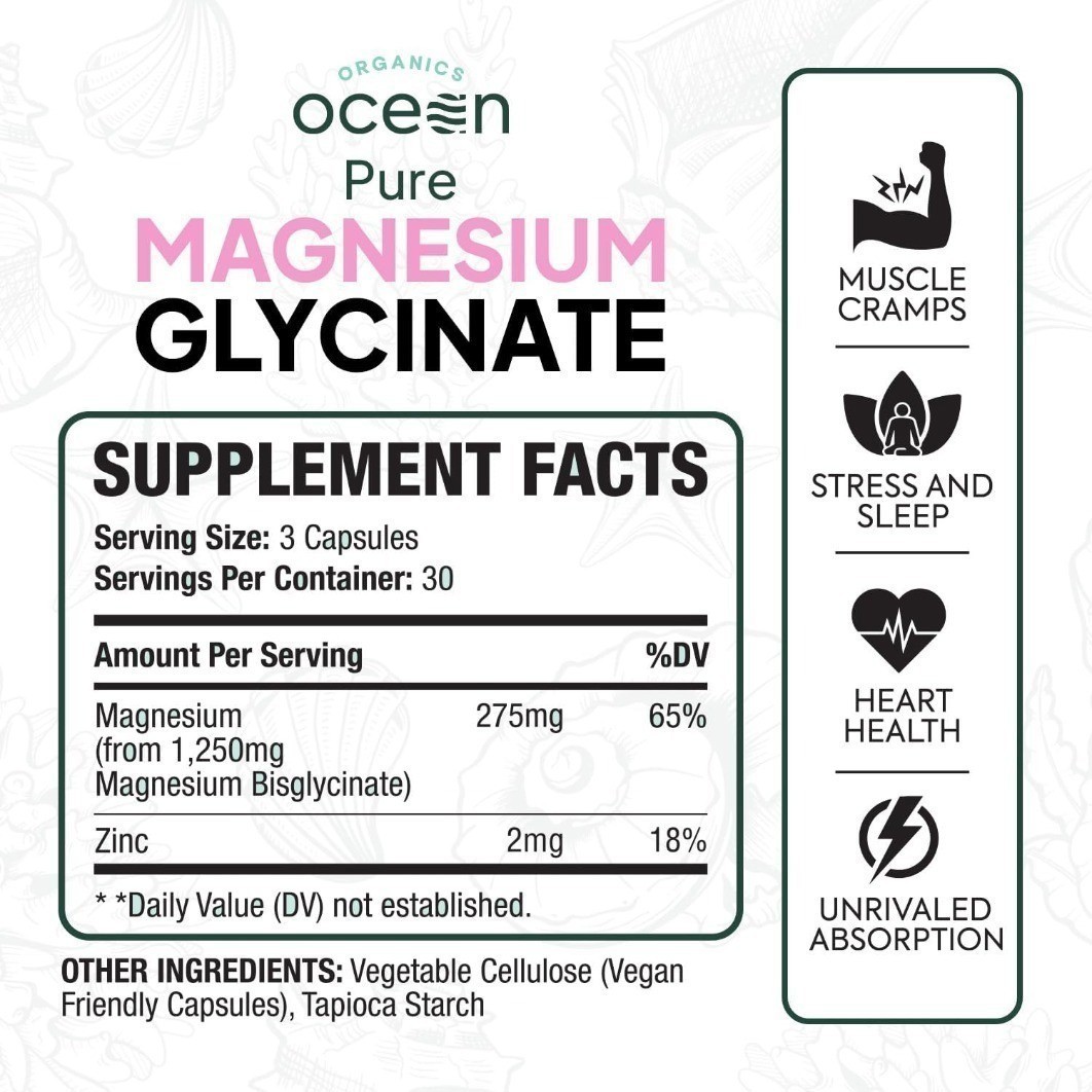 1-3 PACKS Organics Ocean Pure Magnesium Glycinate Strength Chelated- 90 CT