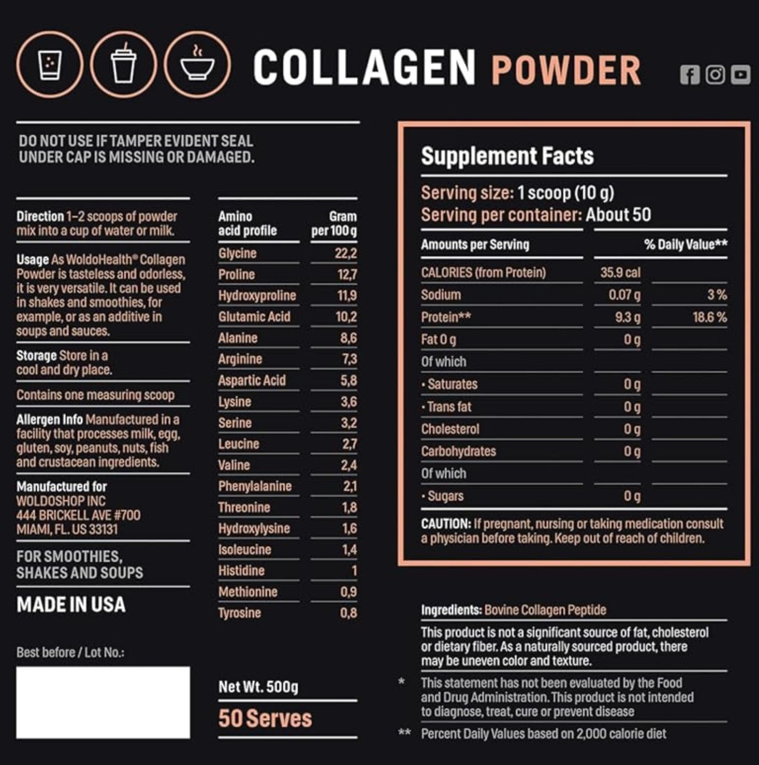 Péptidos de Colágeno Gidrolizados en Polvo, 500 G (1.1 lb) TIPO 1 y 3, Sin Sabor