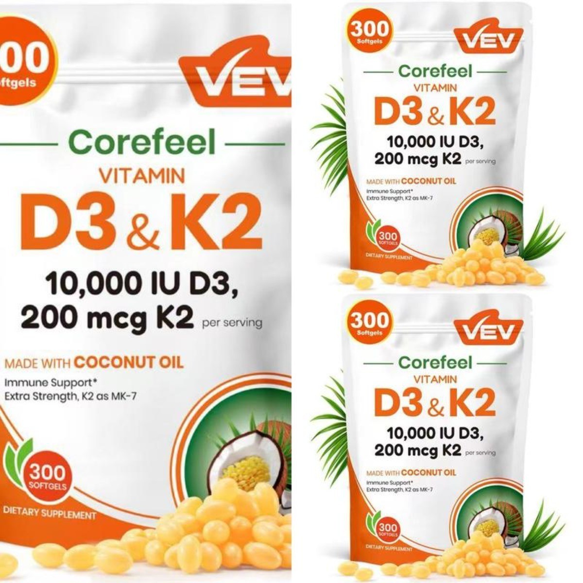 VEV Vitamin D3 K2 MK7 Softgels,10000IU D3 +200mcg K2 Coconut Oil,300 Count 3PCS
