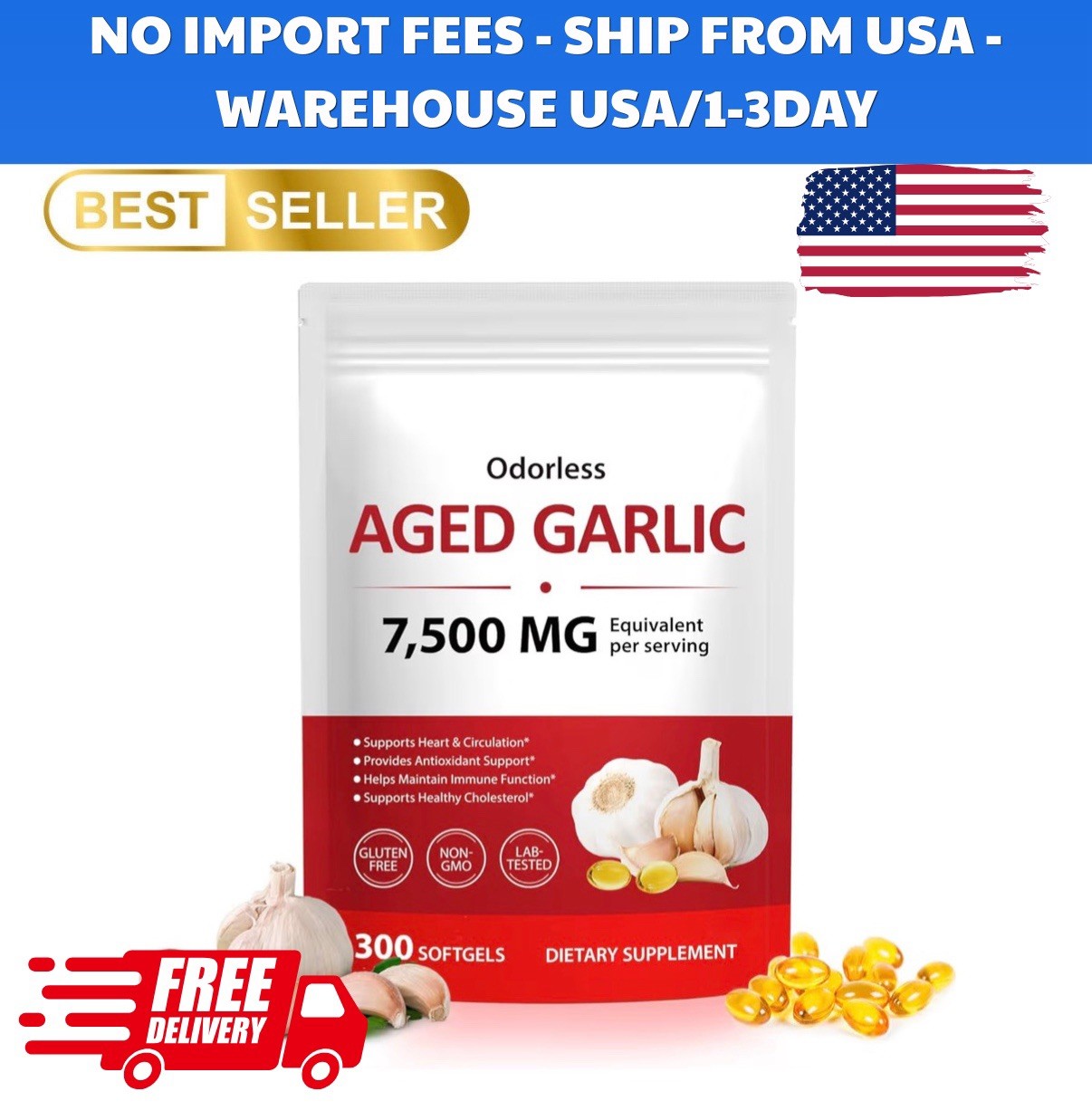 Odorless Garlic 7500Mg per Servings, 300 Softgels | 2 Years Aged Garlic Extra…