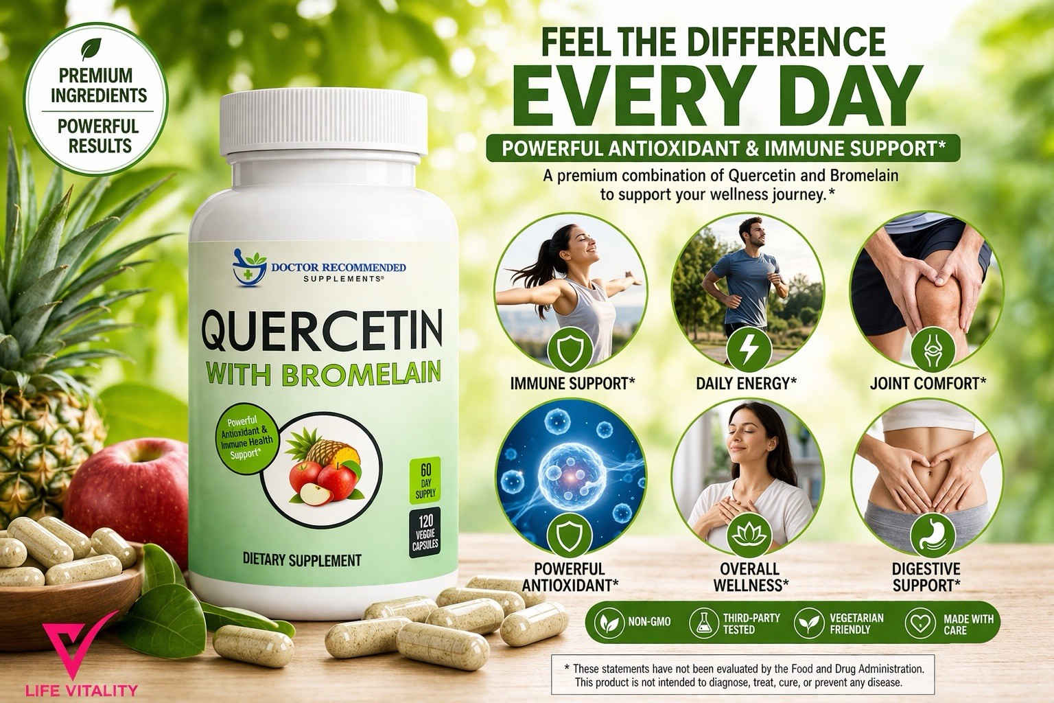 Quercetin 800mg with Bromelain 165mg Per Serving 120 Veggie Capsules TWO PACK 💊